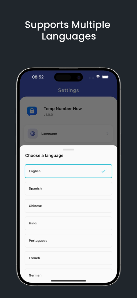 Temp Number Now - Receive SMS - A smartphone screen displaying the multi-language support settings in the Temp Number Now app with options like English and Spanish.