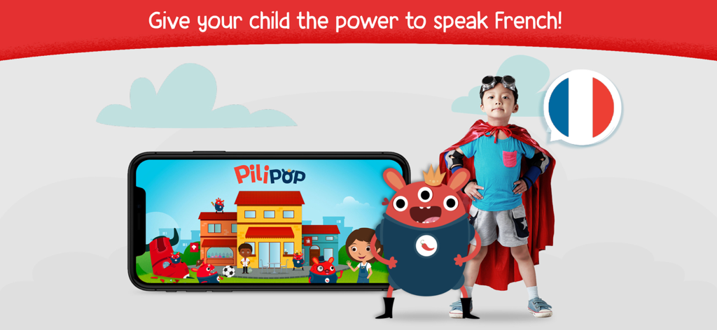 Un bambino con un mantello da supereroe accanto a un personaggio dei cartoni animati e una nuvoletta di dialogo con la bandiera francese