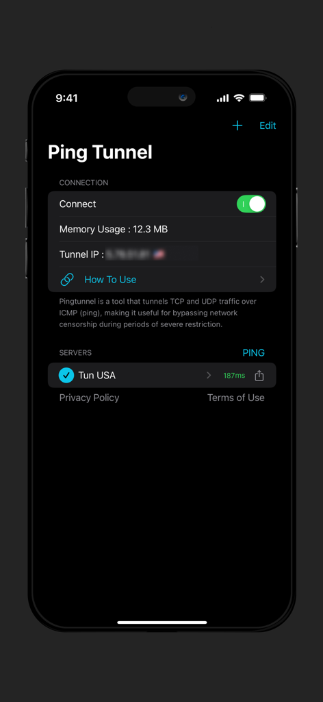 Ping Tunnel : VPN over ICMP - Active VPN over ICMP connection on the Ping Tunnel app interface