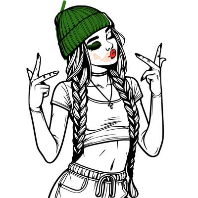 realistic teenage girl with braids and a beanie and crop top doing 🫶🏼