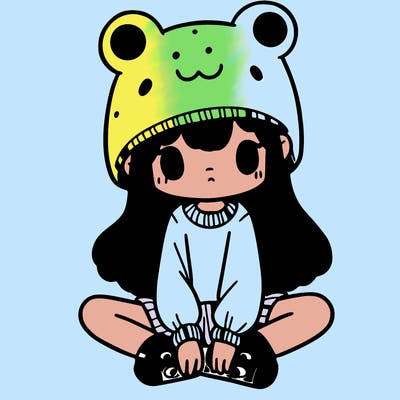 a girl wearing a frog hat and some frog socks