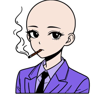 bald asian female who wears suits and smoking