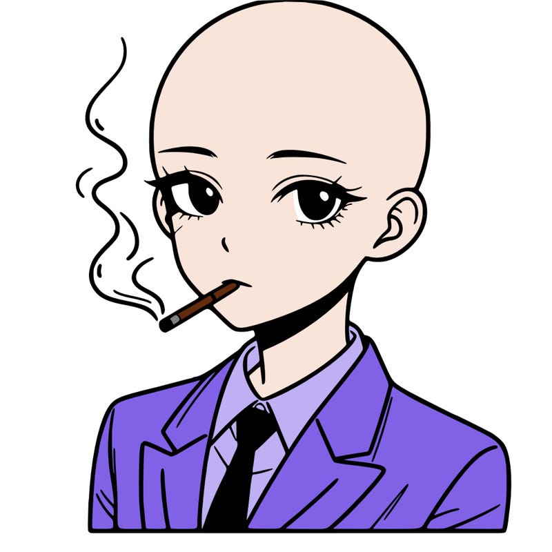 bald asian female who wears suits and smoking