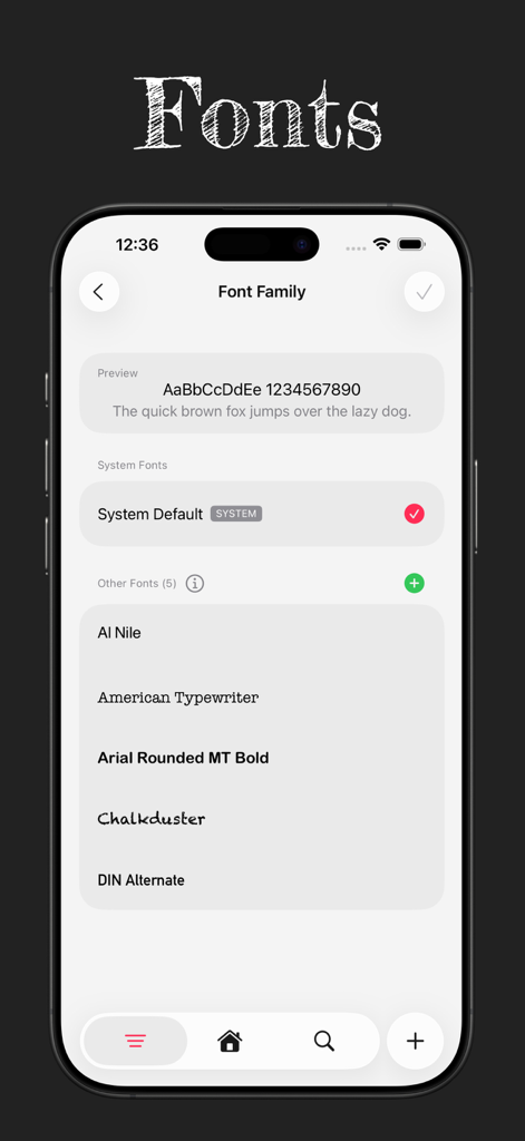 JustNote: Aesthetic Notes - Una pantalla de smartphone minimalista que muestra el menú de selección de familias de fuentes en JustNote con opciones como American Typewriter y Chalkduster.