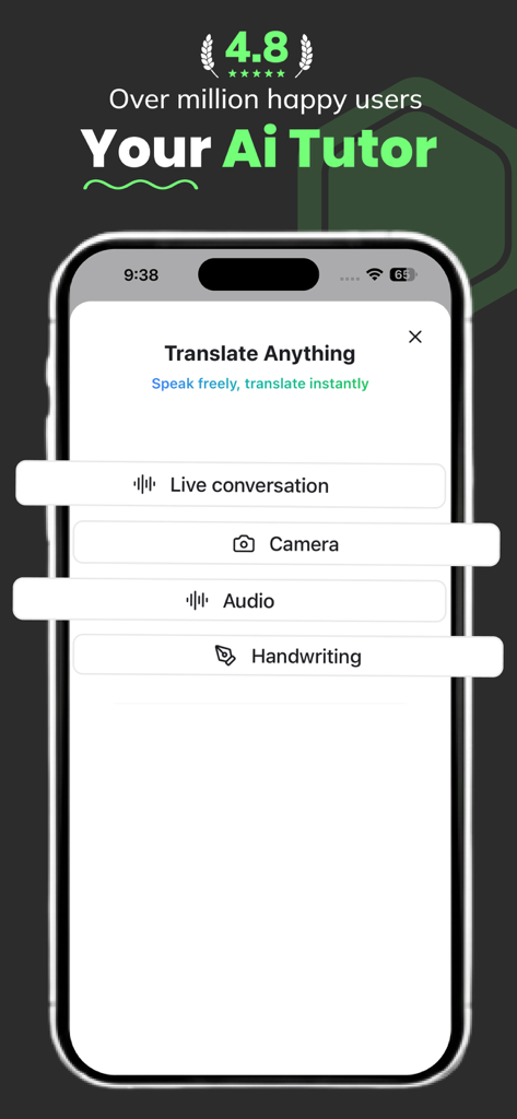Real Time Translator -RTT Live - リアルタイム翻訳 RTT Liveアプリのインターフェース。ライブ会話、カメラ、音声、手書き翻訳モードが表示されています。