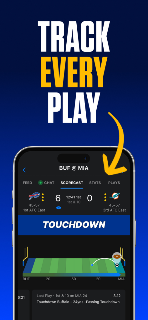 theScore: Sports News & Scores - theScore app interface showing real-time football score and play-by-play visual tracking