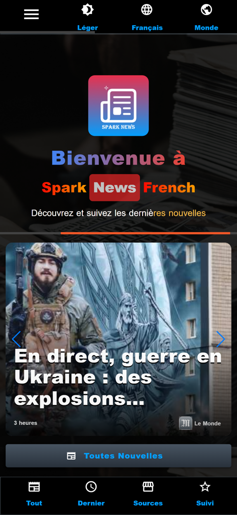Spark News: Breaking Now - Spark News app welcome screen in French featuring a global news headline about the war in Ukraine.