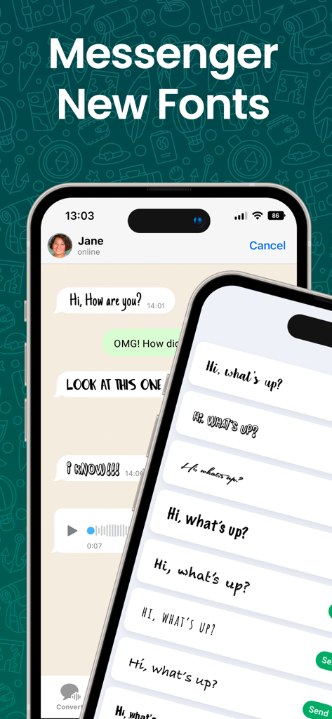 A mobile interface of Messenger Duo showing multiple stylish font options for WhatsApp chat messages