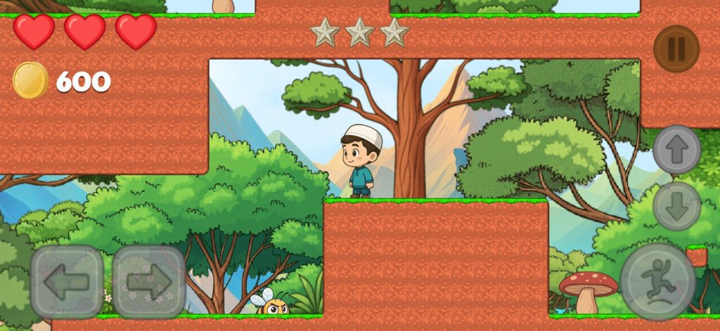 Hamza's Journey - Hamza's Journey 2D platformer gameplay showing character Hamza in a forest level with on-screen controls