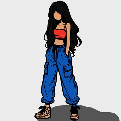 girl in baggy pants crop top and long hair