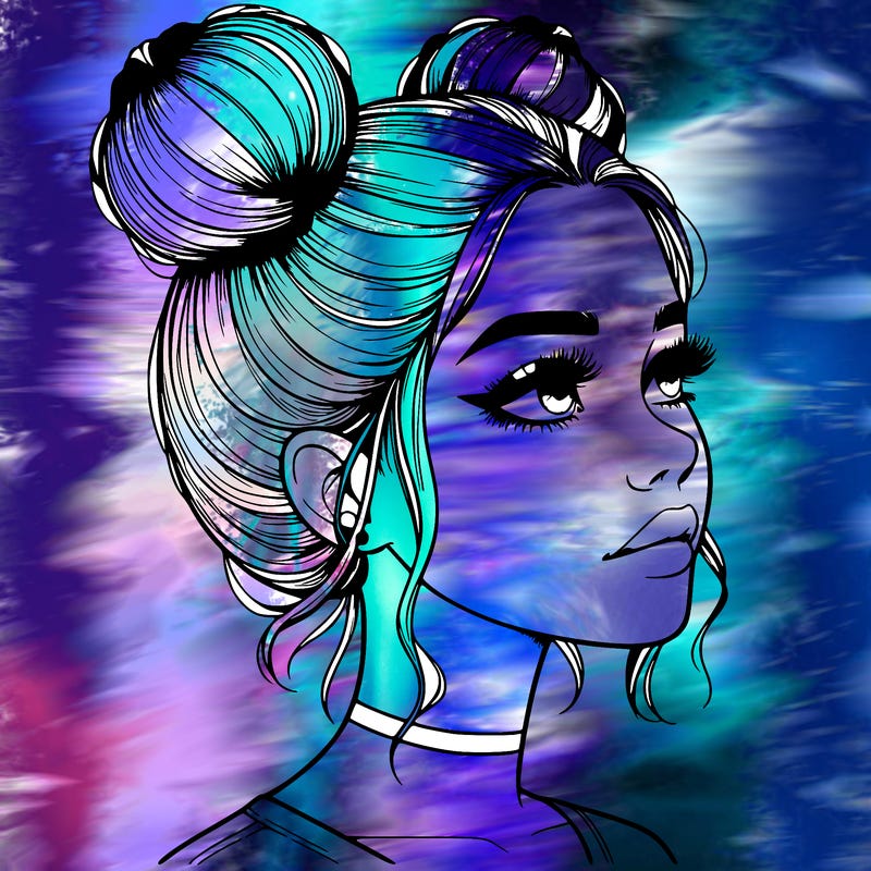 realistic girl with buns on the top of her head