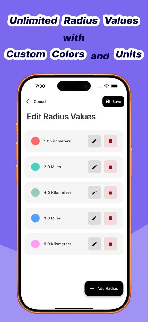 Radius Around Me - Mobile app screen showing a list of custom radius settings with different colors units and distances