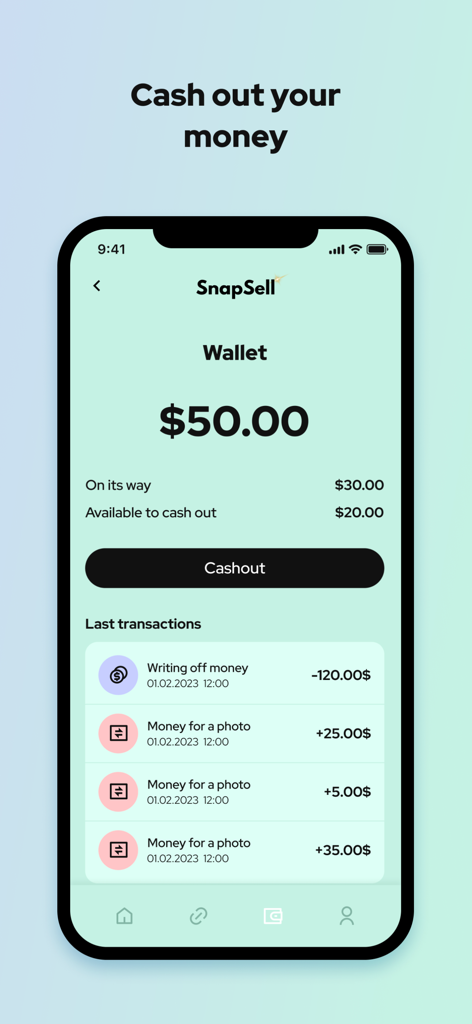 SnapSell app wallet interface showing a fifty dollar balance and options to cash out earnings