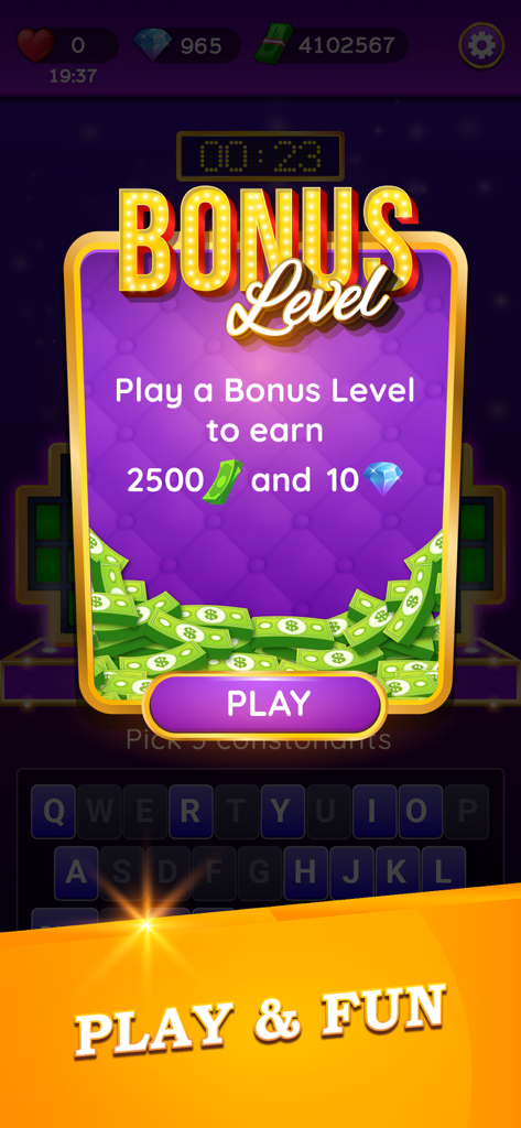 Fortune Words – Lucky Spin - Uma tela pop-up de nível bônus no jogo mobile Fortune Words – Lucky Spin oferecendo recompensas de dinheiro e diamantes.