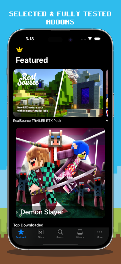 Master Mods For Minecraft PE - A screen from the Master Mods app showing featured Minecraft PE addons like Demon Slayer and RTX texture packs