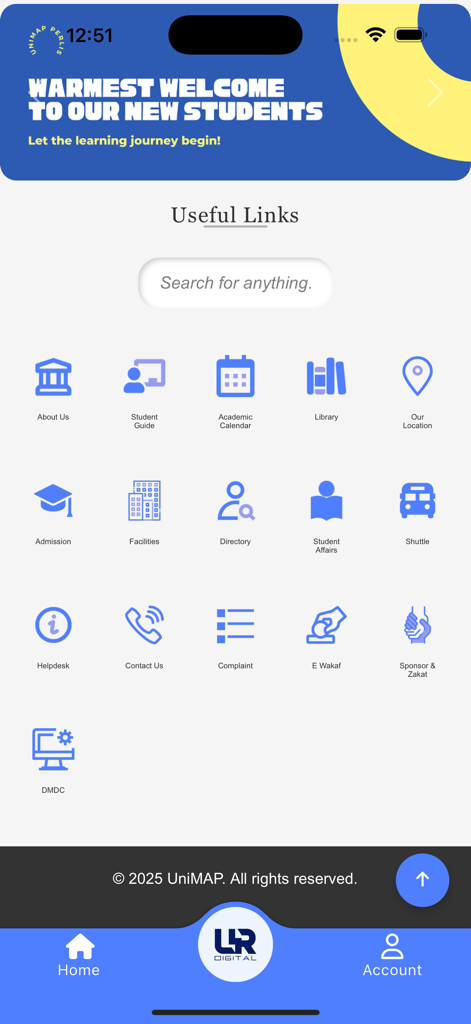 UniMAP URDigital - Panel de control de la aplicación UniMAP URDigital que muestra iconos para servicios estudiantiles que incluyen Calendario Académico, Biblioteca y Admisiones.