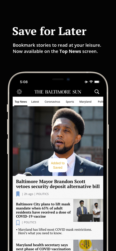 The Baltimore Sun - The Baltimore Sun mobile app interface highlighting the Save for Later bookmarking feature on a local news feed