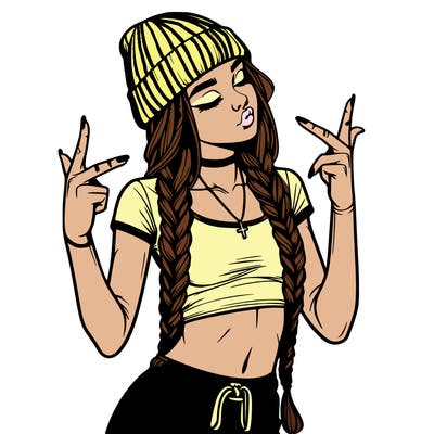 realistic teenage girl with braids and a beanie and crop top doing 🫶🏼