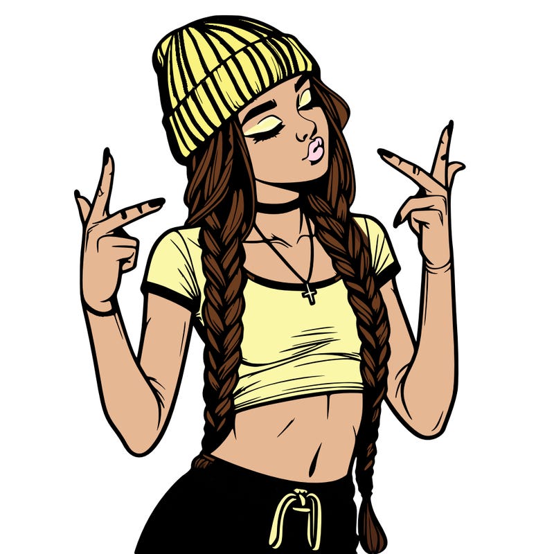 realistic teenage girl with braids and a beanie and crop top doing 🫶🏼