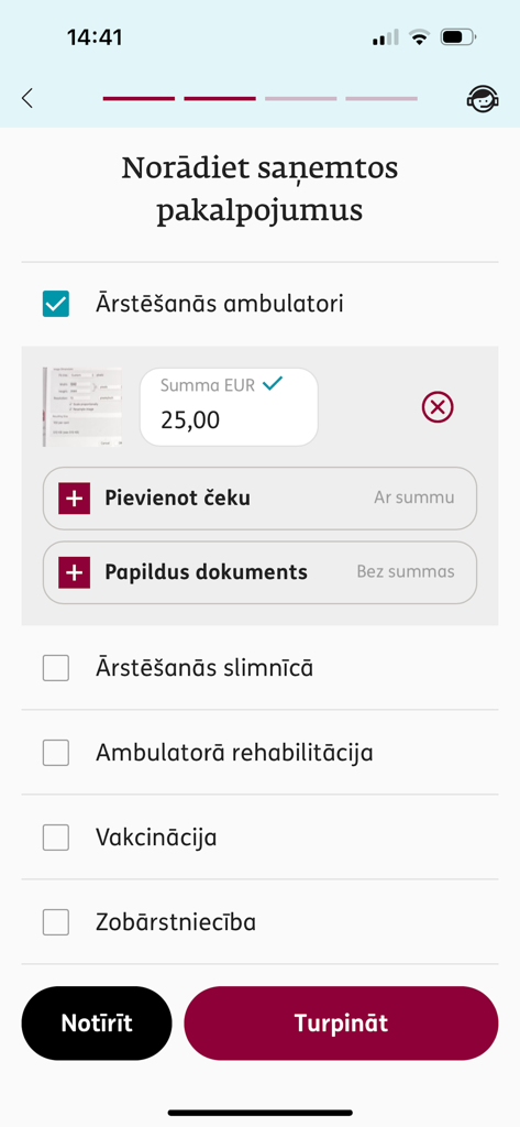 ERGO Latvija - ERGO Latvija mobile app interface for health insurance claim submission showing receipt upload and service selection