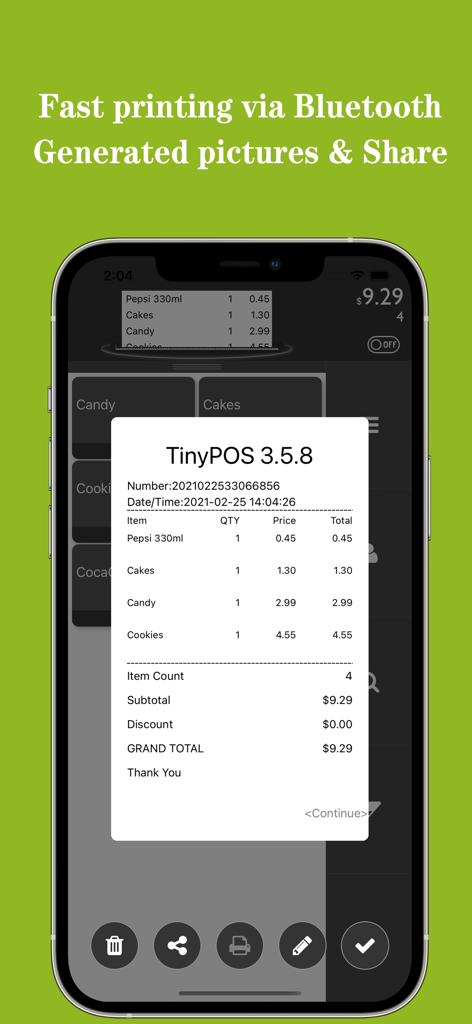 TinyPOS:Make & Print Bills - A mobile phone displaying a digital receipt from the TinyPOS app with sharing and printing options
