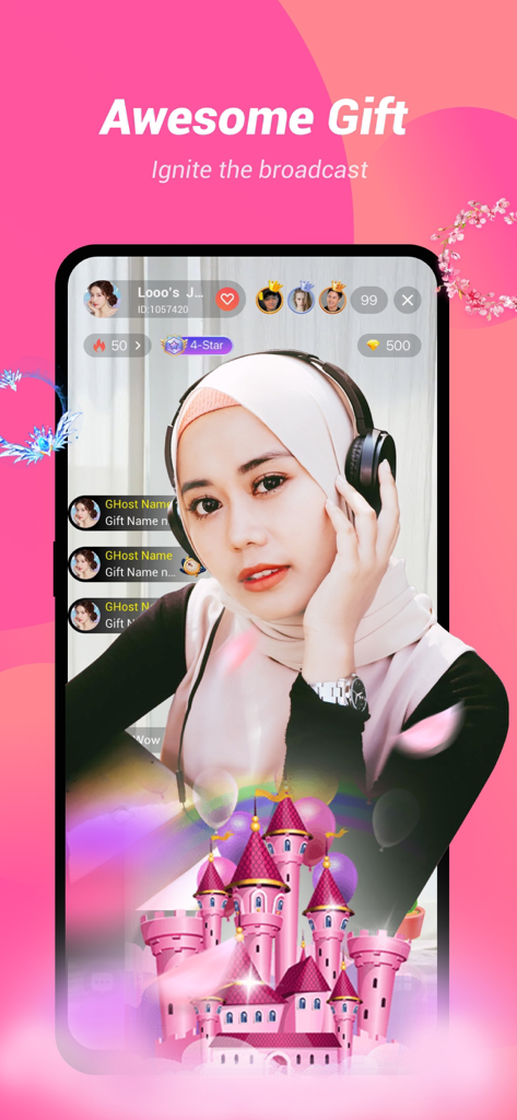 Ligo live - A Ligo Live app screenshot showing a live stream with a pink castle digital gift animation