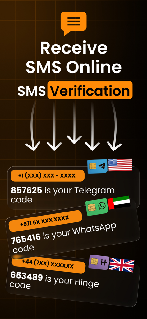 Temp Number - Temphone - Oberfläche, die SMS-Verifizierungscodes für Telegram, WhatsApp und Hinge mit temporären internationalen Telefonnummern anzeigt.