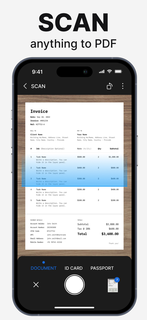 PDF Scanner App: Docs Scan - Interfaz de la App Escáner PDF en iPhone capturando un escaneo digital de una factura