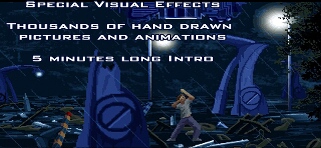 Une capture d'écran cinématique de The Escapee montrant un personnage dans un paysage sombre et pluvieux avec du texte soulignant des milliers d'animations dessinées à la main et une introduction de cinq minutes.