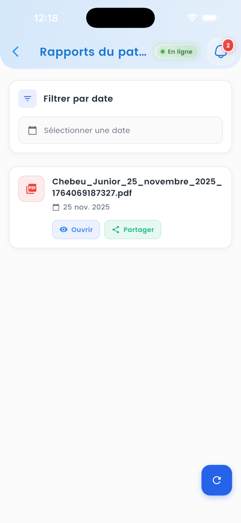 MedReport - MedReport app screen displaying a list of patient medical reports and PDF file options.