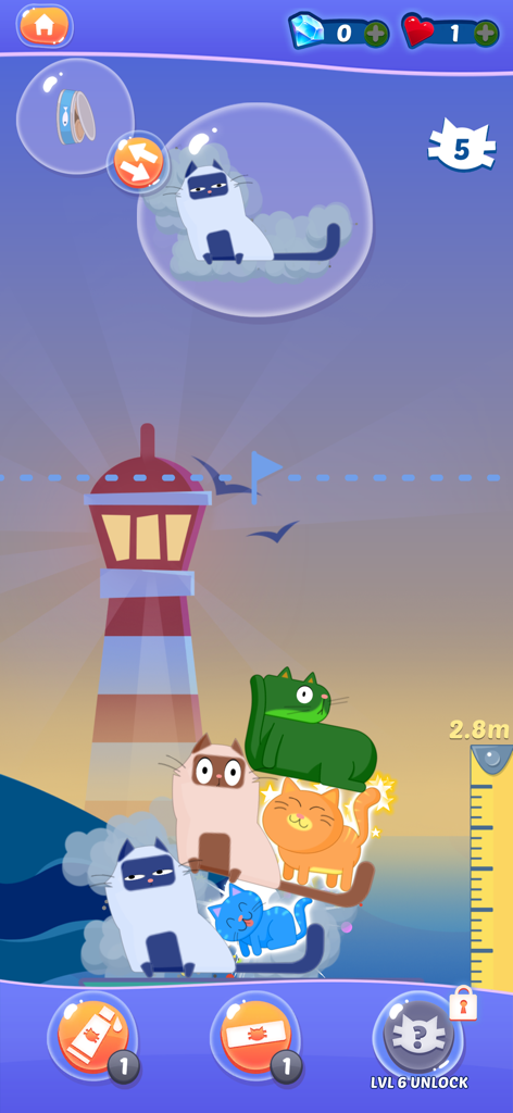 Cat Stack - A stack of colorful cartoon cats in a physics puzzle game with a lighthouse background