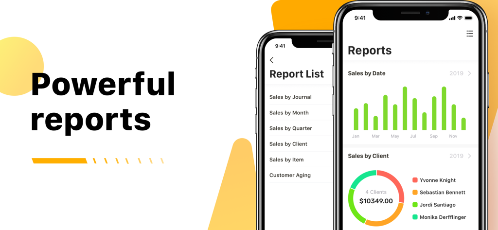 Nova Invoice-PDF Invoice Maker - Nova Invoice mobile app dashboard showing sales analytics and client reports