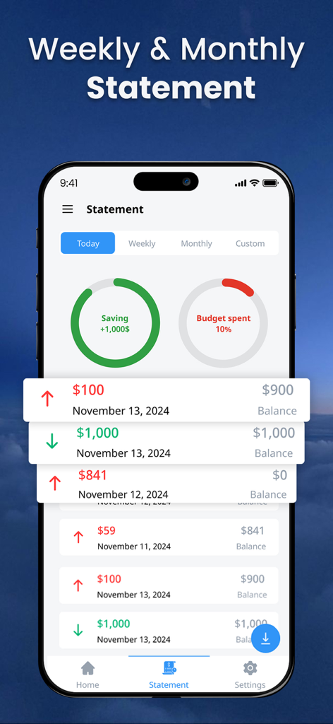 La pantalla de estados financieros de la aplicación Planificador de Presupuestos, con visualizaciones de ahorros y gastos