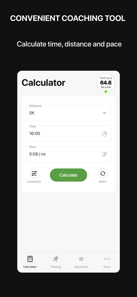 VDOT Running Calculator screen showing 5K time and pace calculation