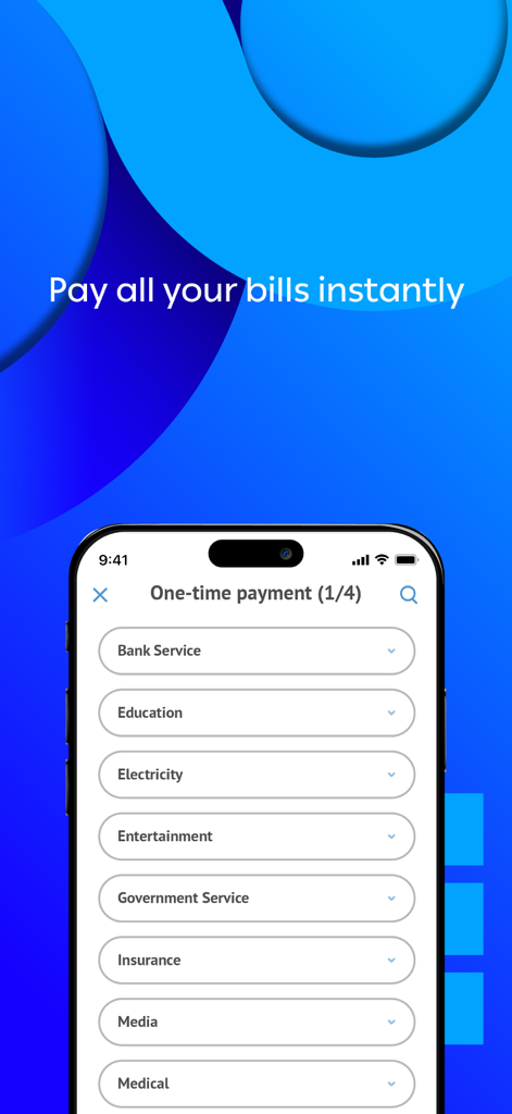 Arabi-Mobile app interface showing options for one-time bill payments for services like electricity, education, and insurance.
