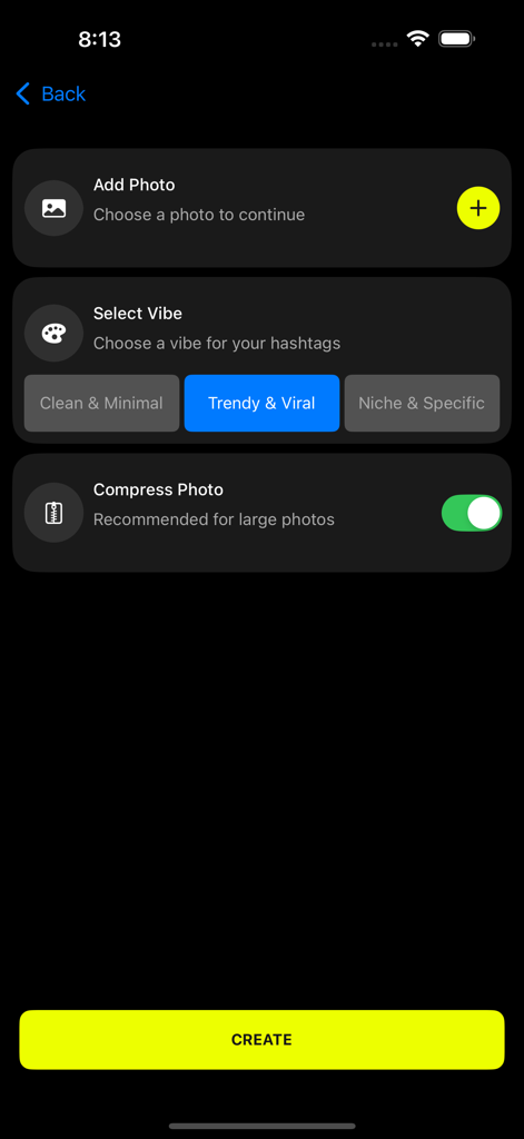 TikZag+ Tiktok Likes More Tags - TikZagアプリで、写真をアップロードして、TrendyやViralなどのハッシュタグバイブを選択するためのインターフェース