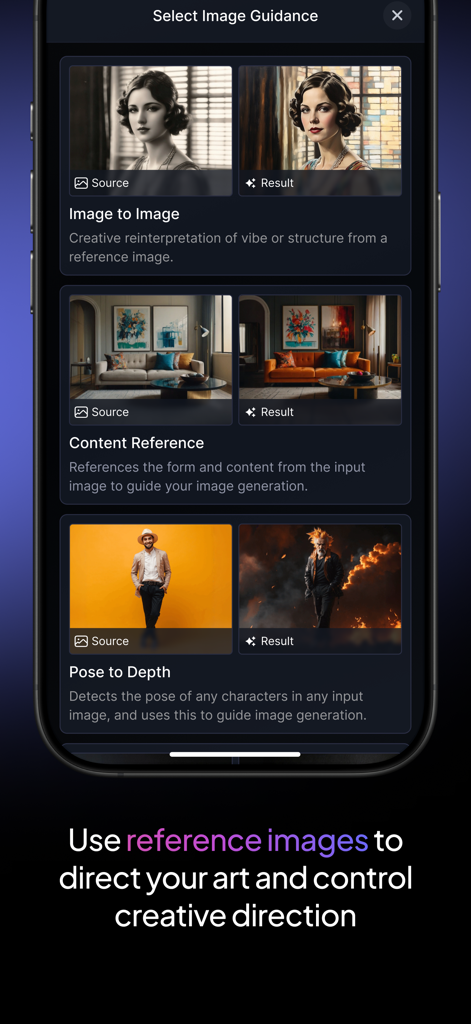 Leonardo.Ai - Image Generator - Interfaz de la aplicación Leonardo.Ai mostrando herramientas de guía de imagen de referencia para la dirección creativa.