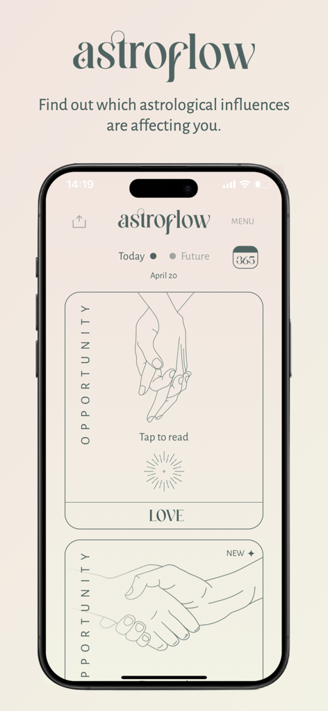 Main interface of Astroflow app showing personalized daily astrological influences and love compatibility cards