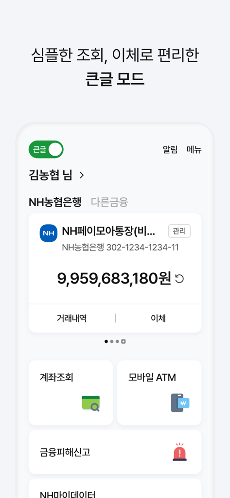 The NH Smart Banking app interface displaying the Big Text Mode for accessible account viewing and transfers.