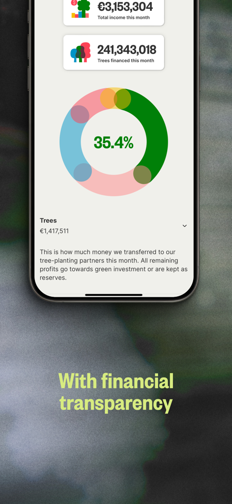 Ecosia App-Bildschirm mit monatlichem Finanztransparenzbericht und Auswirkungen auf die Baumpflanzung