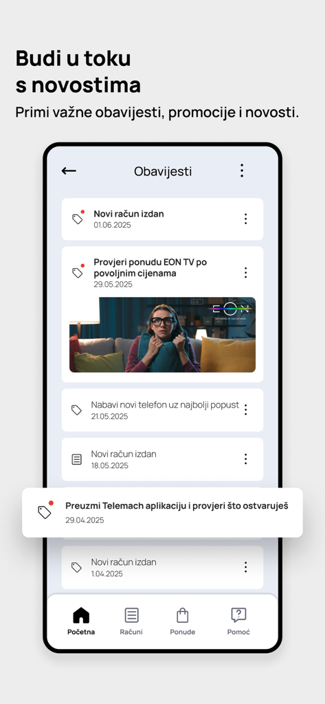 Écran des notifications dans l'application Telemach Hrvatska montrant des alertes de facturation et des offres promotionnelles