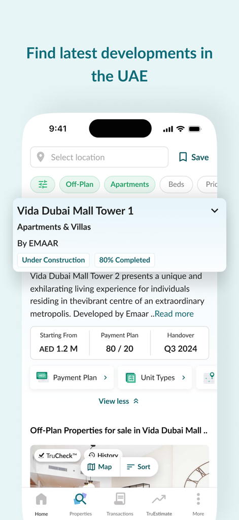 Bayut – UAE Property Search - Bayut app interface displaying new property developments and investment details in Dubai