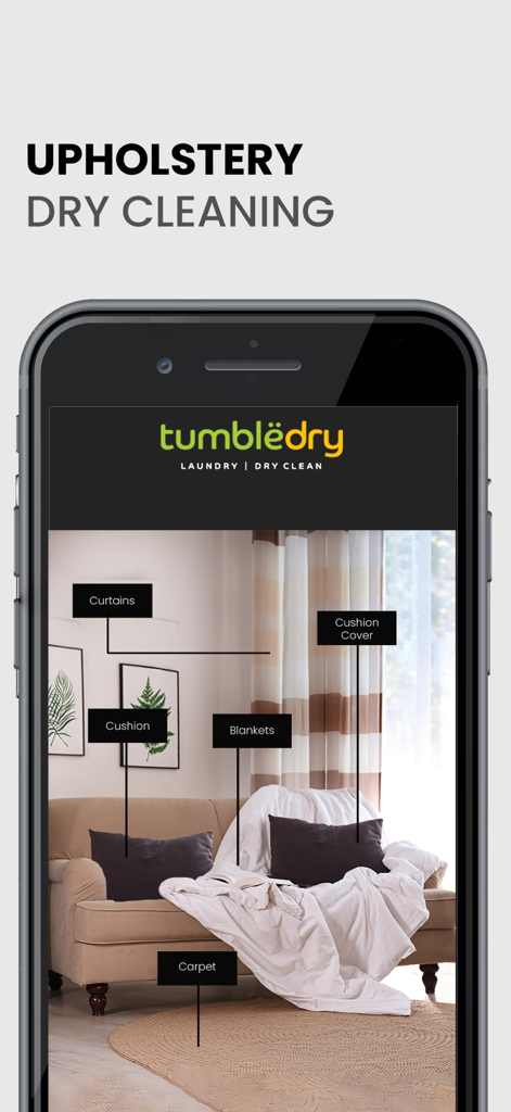 Tumbledry Dry Clean & Laundry - Écran de l'application Tumbledry montrant les services de nettoyage à sec de tissus d'ameublement pour les articles ménagers comme les rideaux, les coussins, les couvertures et les tapis