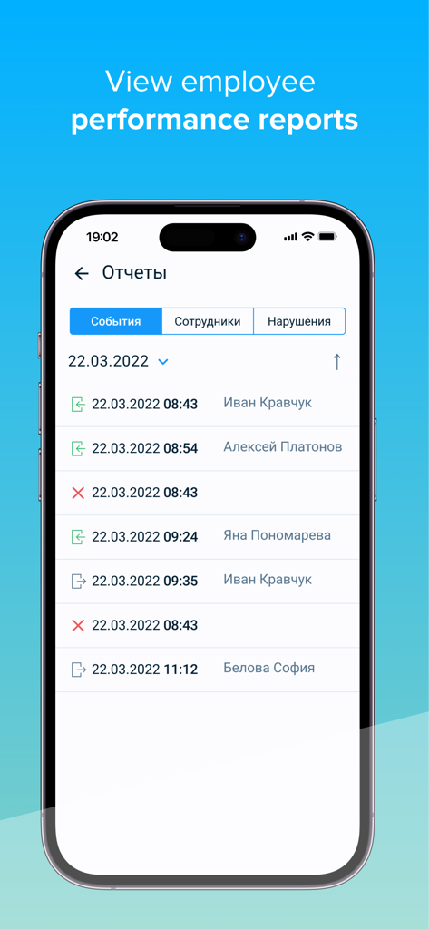 TARGControl - Interfaz de la aplicación móvil TARGControl que muestra una lista de informes de asistencia y rendimiento de los empleados.