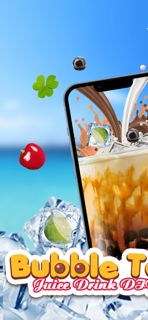 A virtual bubble tea drink with boba pearls and milk splashes on a phone screen