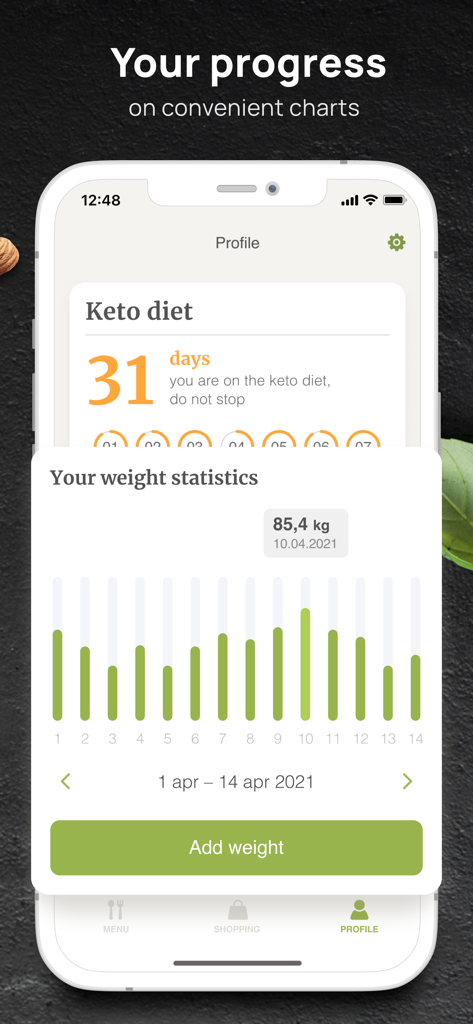 PEP: Keto - Diet plan tracker - Interfaz de la aplicación PEP Keto que muestra un gráfico de estadísticas de peso y progreso durante 31 días en la pantalla de un teléfono inteligente