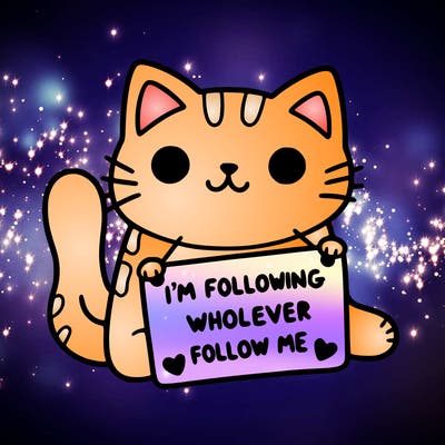 cat with a sign that says i’m following whoever follows me