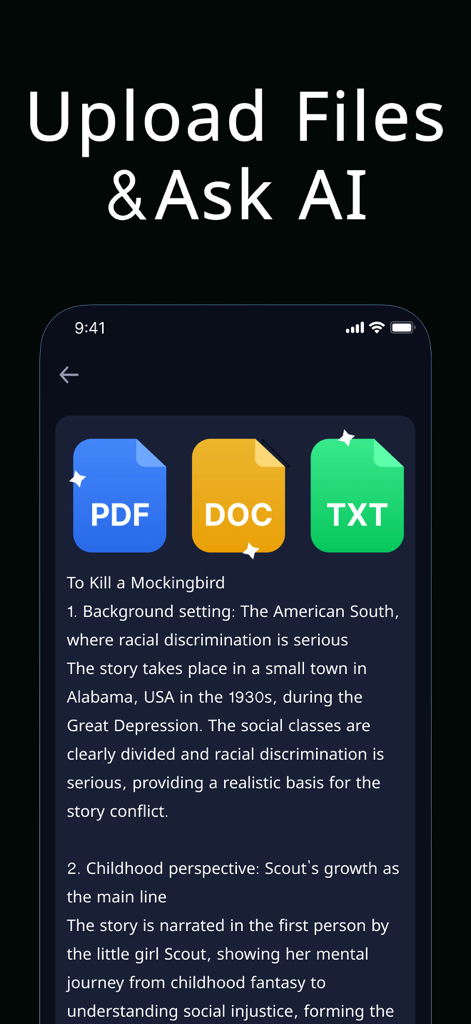 Interface do aplicativo G.AI mostrando opções de upload de documentos para arquivos PDF DOC e TXT com um resumo gerado por IA do livro To Kill a Mockingbird.