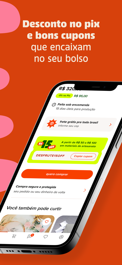 Elo7 - Interface do aplicativo móvel Elo7 exibindo descontos de produtos e um código de cupom para itens feitos à mão