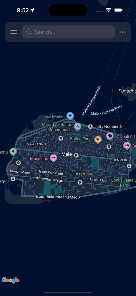 Male Map app interface showing the city streets and points of interest in the Maldives capital